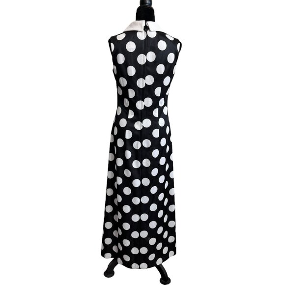 1960s Jean Lang Black & White Polka Dot Sleeveless Maxi Dress with Collar VTG - Picture 3 of 7